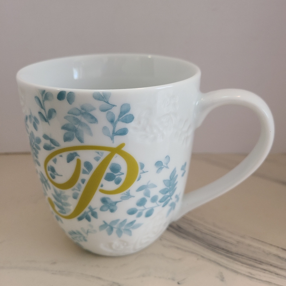 Pier 1 Imports Floral Embossed White Blue Monogram Letter P Coffee Tea  Mug